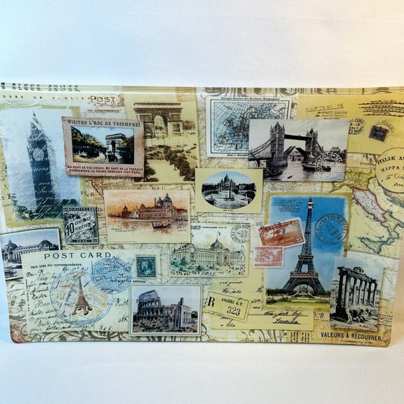 Vintage Postcard Photo Glass Tray Reverse Decorated Italy France Fringe 12” - Picture 5 of 9